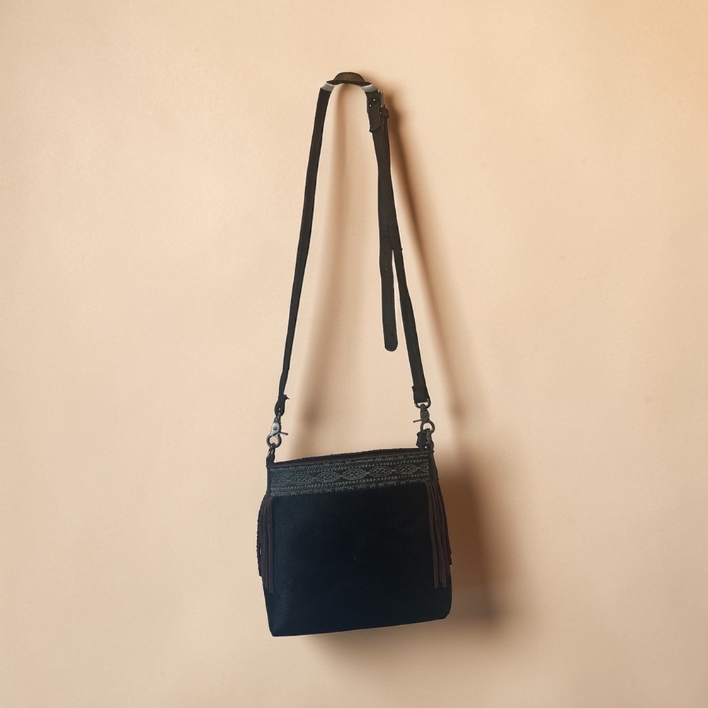 Brown Suede Crossbody Bag with Fringe Trim
